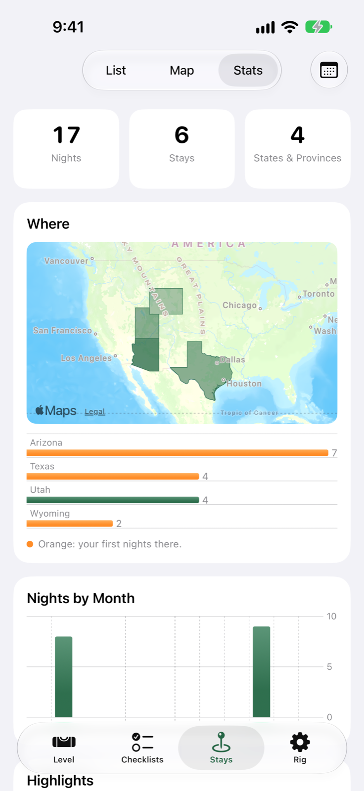 Stats for the year: nights, stays, states, a shaded map, and nights per state